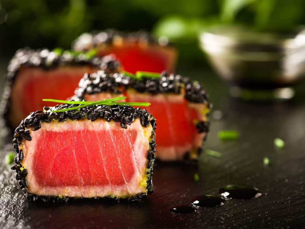 fried tuna steak in black sesame